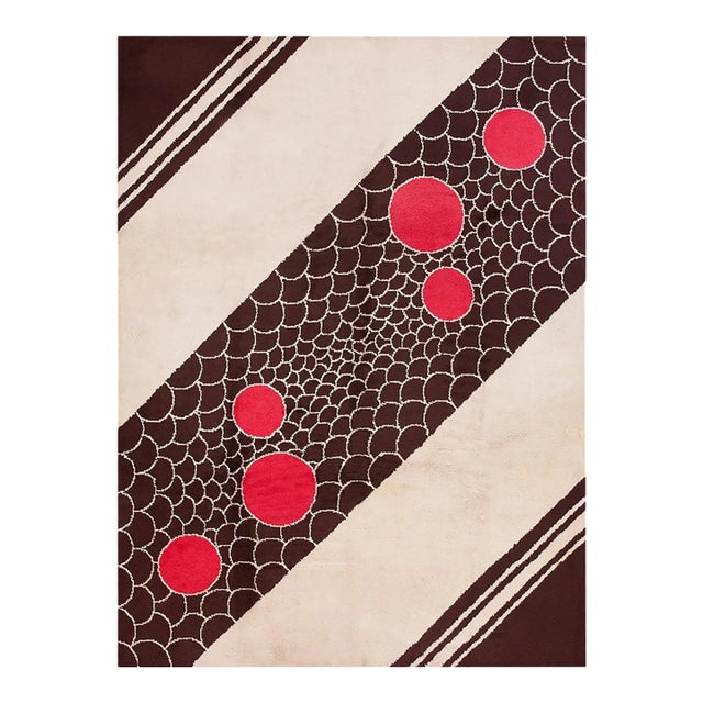 Lovely Circular Red Design and Ivory Background Color Antique English Art Deco Rug For Sale
