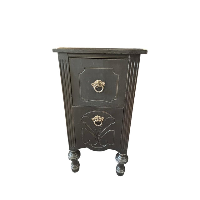 Vintage Black Art Deco Vanity With Three-Part Mirror, Carved Wood & Ring Pull Hardware For Sale - Image 4 of 10