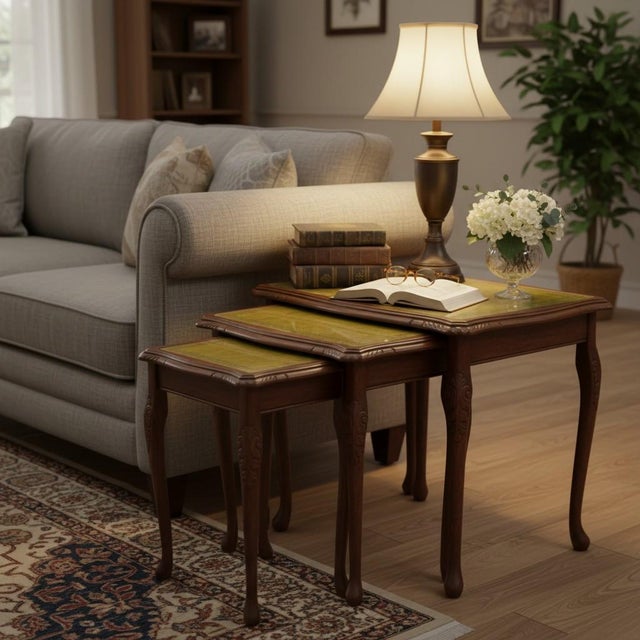 Elegant set of three vintage nesting tables, likely made in England or the United States circa 1930s–1950s, reflecting the...