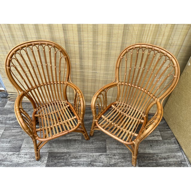 Boho Chic A Pair of Rattan Fan Back Lounge Chairs in the Franco Albini's Style. Circa 1980s For Sale - Image 3 of 18