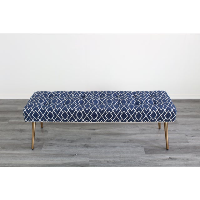 Custom made mid century style chenille bench with metal legs Dimensions; 48" Length x 14" Depth x 17" Height See pictures...
