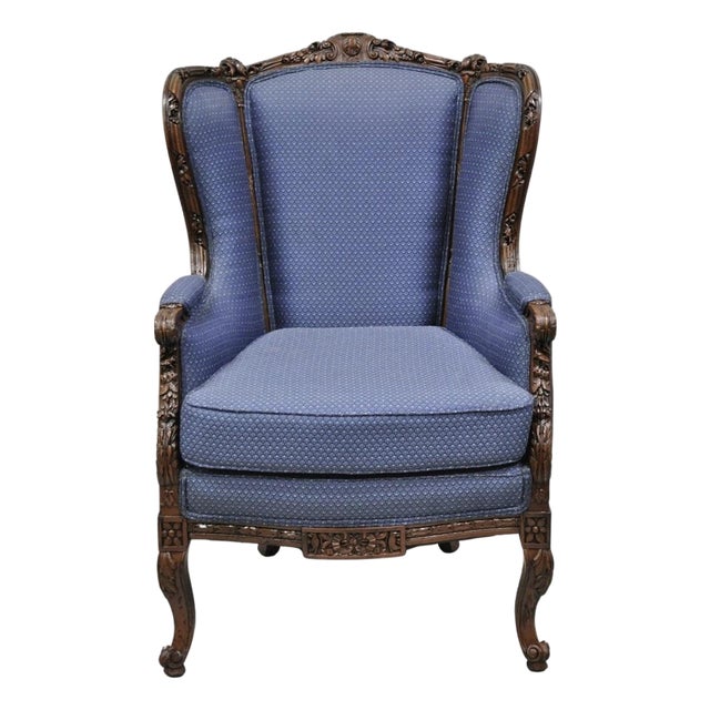 Antique French Renaissance Louis XV Style Carved Walnut Wingback Arm Chair For Sale