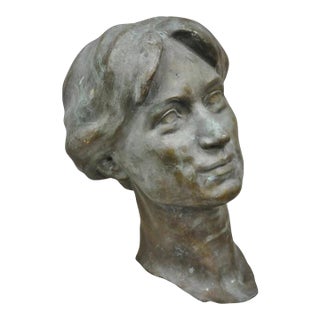 Vintage Patinated Cast Bronze Bust Statue Sculpture of Woman With Pinned Hair For Sale