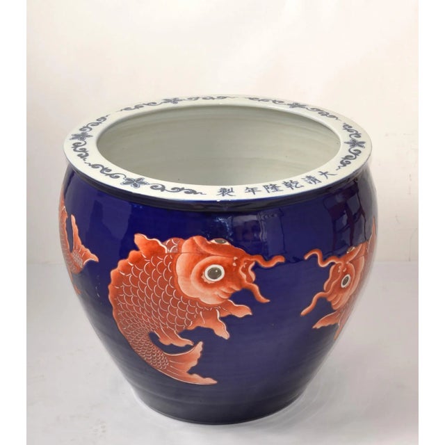 Asian Style Vintage Marked Chinese Porcelain Floral Planter Blue & White Golden Koi Fish For Sale - Image 4 of 12