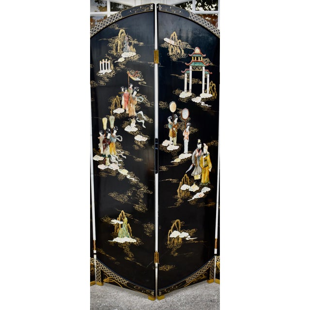 4 Panel Room Divider Vintage Chinese Coromandel Round Screen Black Lacquer For Sale - Image 10 of 16