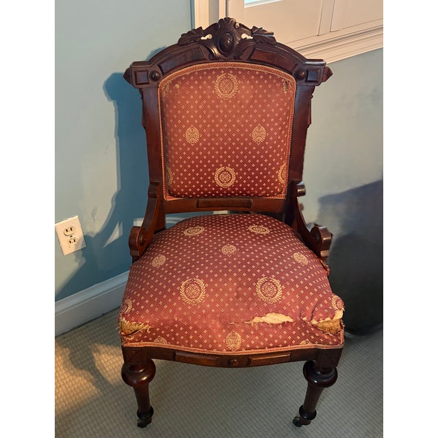 Victorian 1870's American Renaissance Revival Ladies Parlor Chairs - Attributed to Prudent Mallard - Pair For Sale - Image 3 of 10