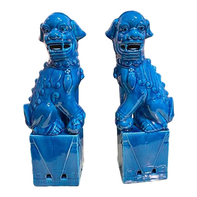 1980s Chinese Blue Ceramic Fu Dogs - a Pair For Sale