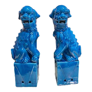 1980s Chinese Blue Ceramic Fu Dogs - a Pair