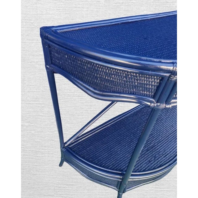Traditional Vintage Navy Blue Weaved Wicker Bamboo Coastal Demi Lune Console Table For Sale - Image 3 of 6