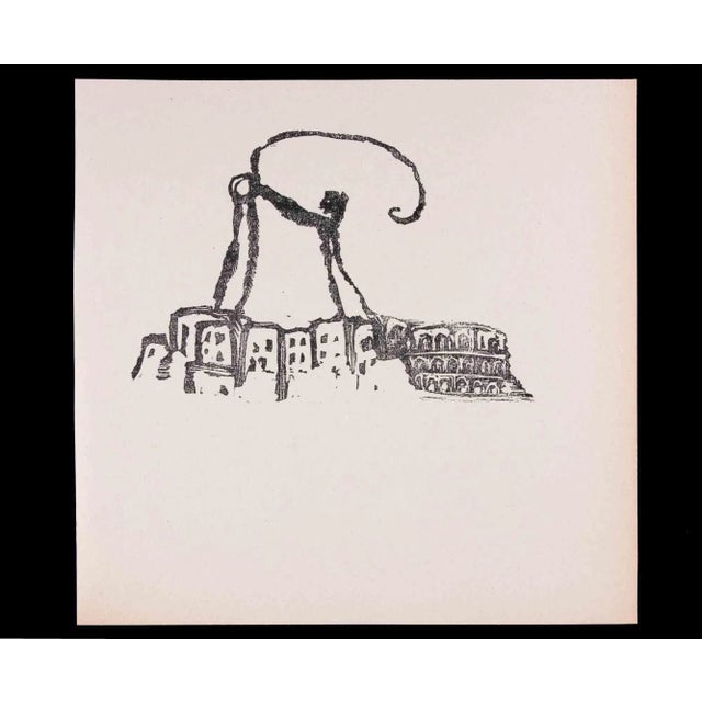 The City Dominator is an original Linocut Print realized by Mino Maccari in 1951. Very Good condition. No Signature. Mino...