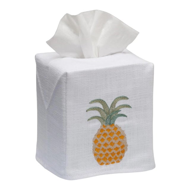 Pineapple Tissue Box Cover in White Linen & Cotton, Embroidered For Sale