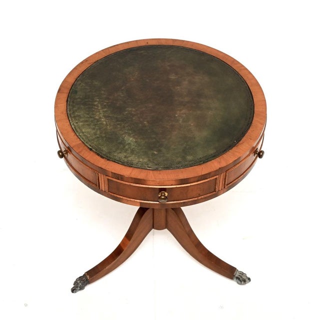 1950s Antique Yew Wood Leather Top Drum Table, 1950s For Sale - Image 5 of 7