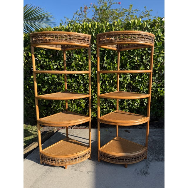 Contemporary Vintage Tall Palm Beach Coastal Woven Rattan Corner Étagères, Pair For Sale - Image 3 of 12
