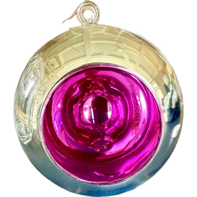 Mid-Century Modern 1990s Set of Two Oversized 14″ Two’s Company Blown Glass Ornaments – Silver Mirror With Green & Magenta Interiors For Sale - Image 3 of 8
