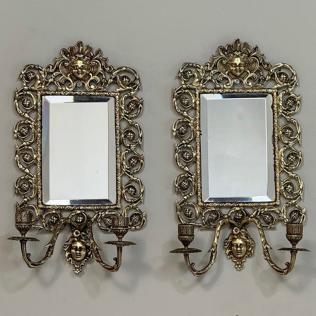 Late 19th Century 19th Century Italian Renaissance Cast Bronze Mirrored Wall Sconces - a Pair For Sale - Image 5 of 18