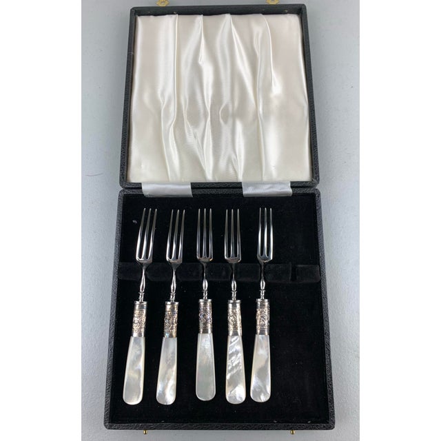 Vintage Silverplate & Mother of Pearl Cocktail forks, set of 5 in felt lined box made in England. From the estate of Bob...