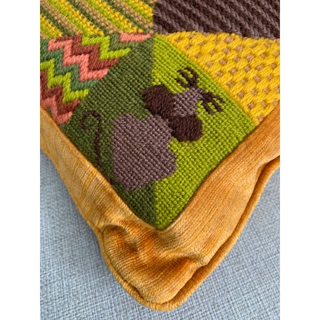 Vintage Handmade Bargello Needlepoint Embroidered Decor Pillow 14” X 14” Wool Yarn Back to Velvet Mustard Green Bronze For Sale - Image 9 of 12
