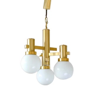 Vintage Brass and Opaline Glass Globe Pendant Light by Gaetano Sciolari, 1970s For Sale