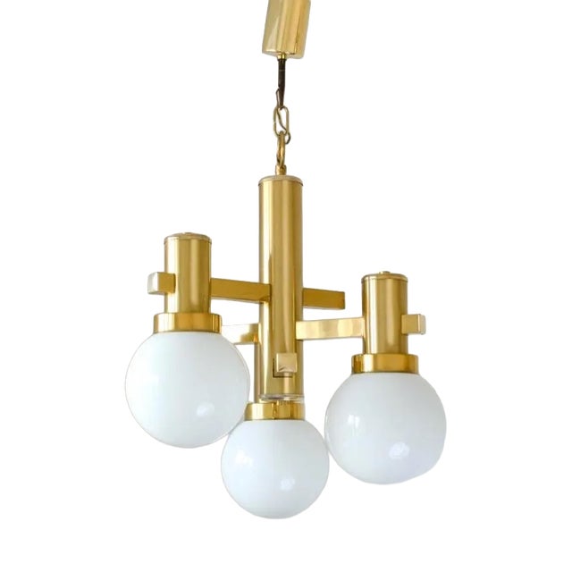 Vintage Brass and Opaline Glass Globe Pendant Light by Gaetano Sciolari, 1970s For Sale
