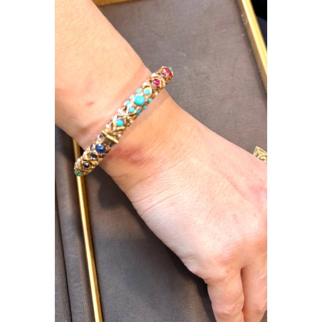 Natural Turquoise Emerald Ruby Sapphire pearl Bangle in 14 Kt Yellow Gold 41 Gm For Sale - Image 11 of 18