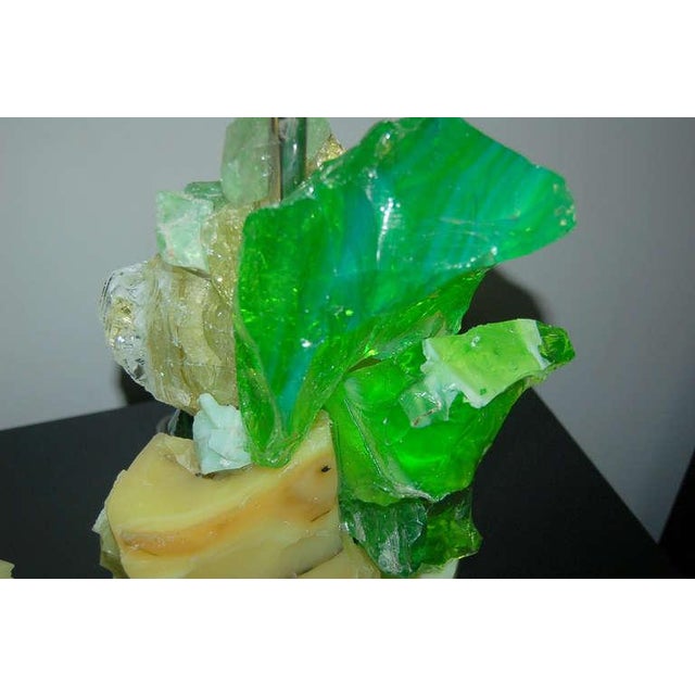 Metal Glass Rock Lamp Sculptures in Yellow & Green For Sale - Image 7 of 9