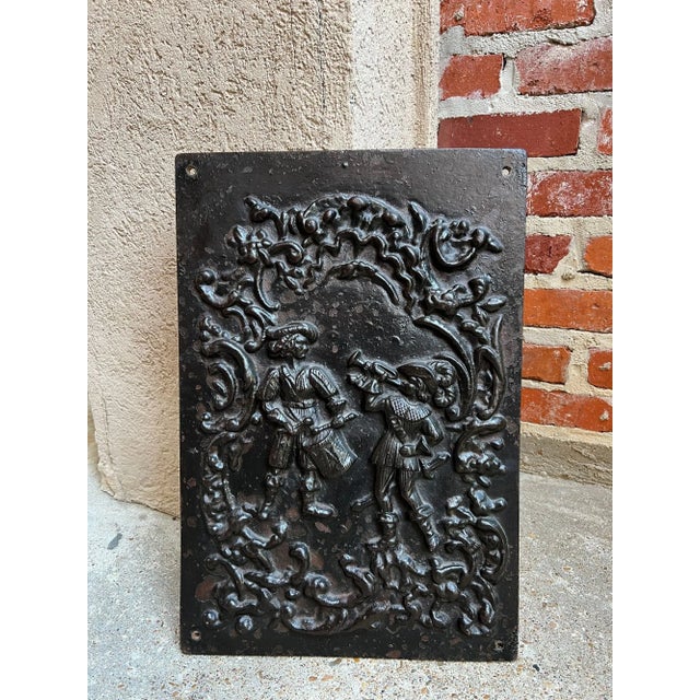 English Antique English Fireback Cast Iron Hearth Panel Kitchen Backsplash Floral Music C1880 For Sale - Image 3 of 13