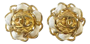 Vintage Clip-On Earrings Chanel Style With White Leather and Gold
