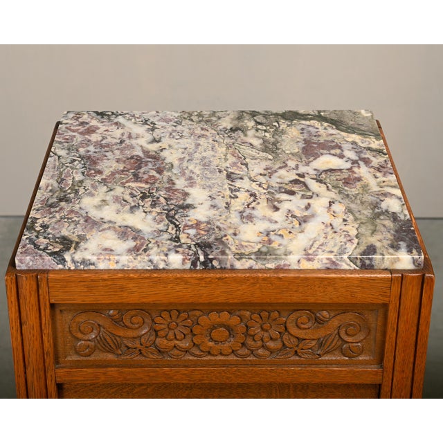 French Art Deco Nightstands in Oak and Marble, 1930s, Set of 2 For Sale - Image 11 of 18