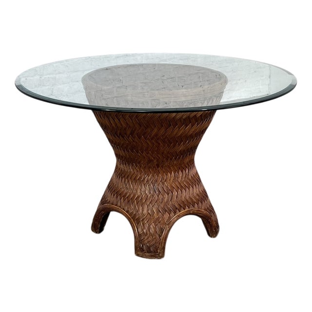 Round Dining Table in Woven Rattan and Beveled Glass, 1970s For Sale