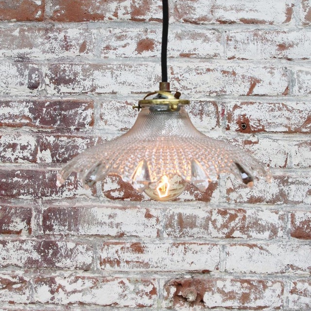 1950s Vintage French Holophane Clear Glass Pendant Light For Sale - Image 5 of 6