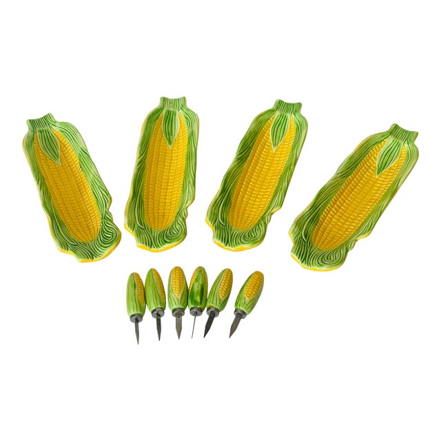 Vintage Corn on the Cob Majolica Dishes and Knives - Set of 10 For Sale