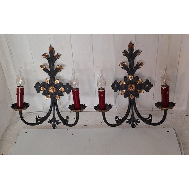 Vintage Rustic Wall Lamps with Wrought Iron Frame, 1970s, Set of 2 For Sale - Image 4 of 7