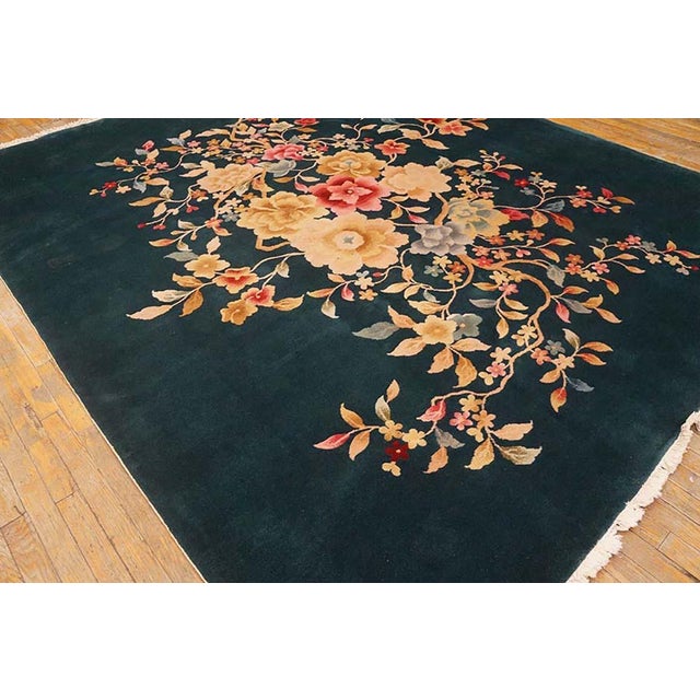 Art Deco 1930s Black Floral Modern Antique Chinese Art Deco Rug 7'10" X 9'8" Handknotted Wool Carpet For Sale - Image 3 of 5