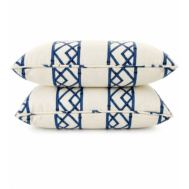 Kravet Pair of Kravet Blue Bamboo Lattice Lumbar Pillows For Sale - Image 4 of 6