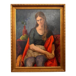 Stunning Mid Century Modern MCM Figurative Portrait Painting of Young Woman Unsigned For Sale