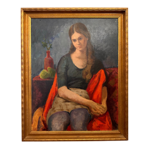 Stunning Mid Century Modern MCM Figurative Portrait Painting of Young Woman Unsigned