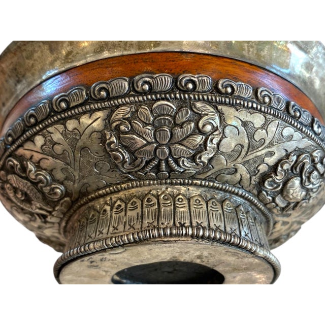 Late 20th Century Antique Tibetan Silver & Wood Jha Pho Tsampa Bowl – Buddhist Auspicious Decor For Sale - Image 5 of 15