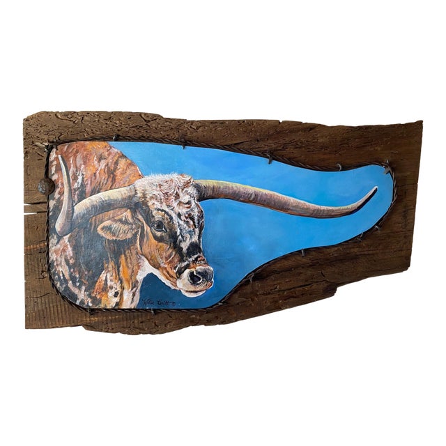 Poker Face ~ Willie Britt, Original Acrylic Painting. A Colorado Longhorn Comes to Life Against the Expansive Blue Skies of Southern Colorado. For Sale