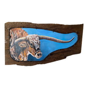 Poker Face ~ Willie Britt, Original Acrylic Painting. A Colorado Longhorn Comes to Life Against the Expansive Blue Skies of Southern Colorado.