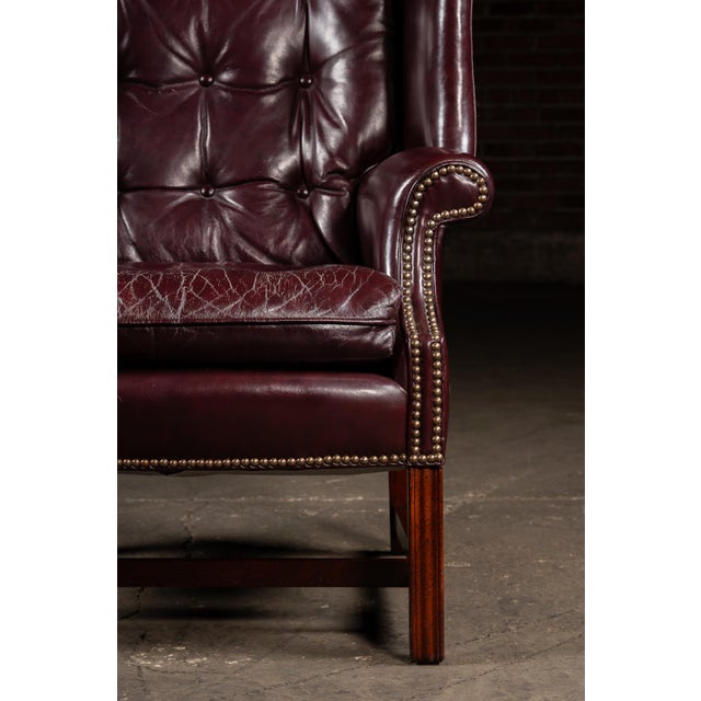 Mid 20th Century Tufted Leather Wingback Chesterfield Armchair With Ottoman in Oxblood For Sale - Image 14 of 15
