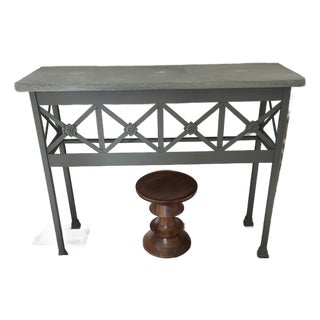Grey Console Table With Geometric Latticework and Marble Top For Sale