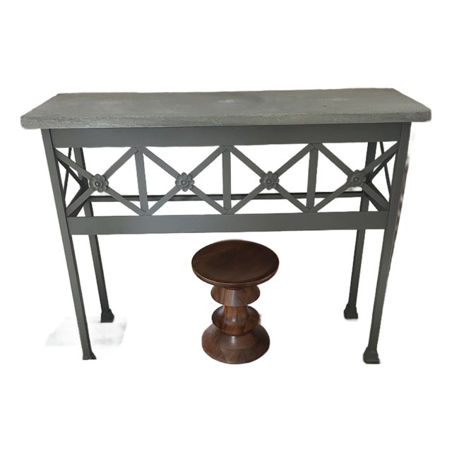 Grey Console Table With Geometric Latticework and Marble Top For Sale