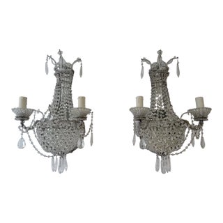 French Crystal Beaded Basket With Prisms and Mirrors Sconces C 1940 For Sale