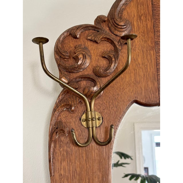 Victorian Antique American Carved Quarter-Sawn Oak Hall Tree Seat Stand With Mirror For Sale - Image 3 of 15