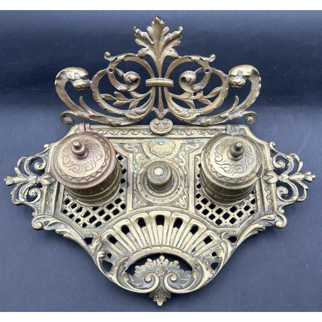 Baroque Antique Double Inkwell Ornate Brass Figural Lion Head Beast Mythical Scroll For Sale - Image 3 of 16