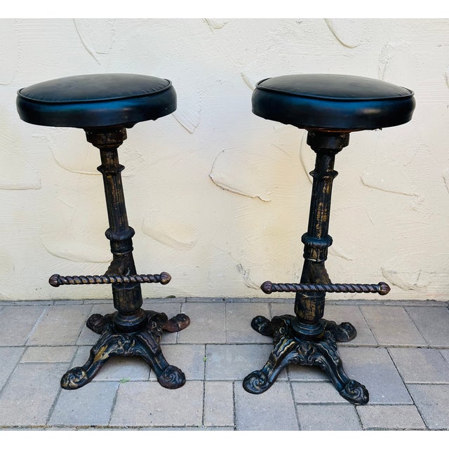 Early 1900s Antique Heavy Cast Iron Bar Stools Barley Twist- A Pair For Sale - Image 9 of 14