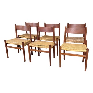 Set of 6 Hans J. Wegner Ch-40 Teak Dining Chairs With Woven Cane Seats For Sale