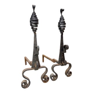 Rare Antique 19th Century Hand Wrought Iron Fireplace Firedogs Black Andirons For Sale
