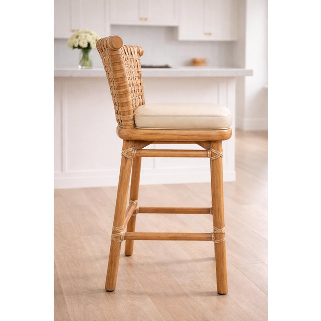 Late 20th Century Architectural McGuire San Francisco Rattan Bar Height Stools – Pair | Hand-Lashed Rawhide | Circa 1985 For Sale - Image 5 of 12