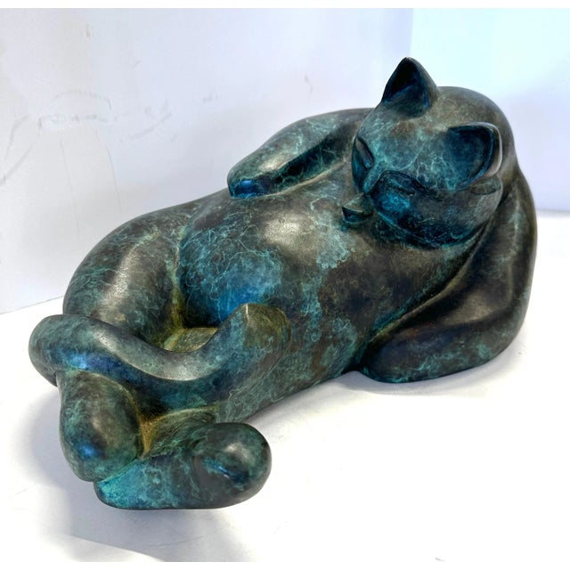 Blue Barbara Beretich “Tanko” Bronze Cat Sculpture 1996 For Sale - Image 8 of 12